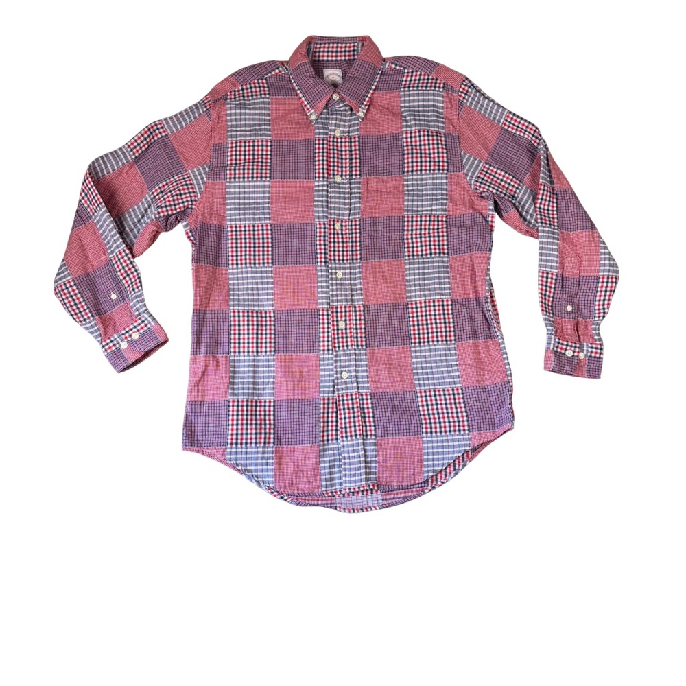 Brooks Brothers 346 Mens Medium Patchwork Madras Plaid Button Down Shirt Red